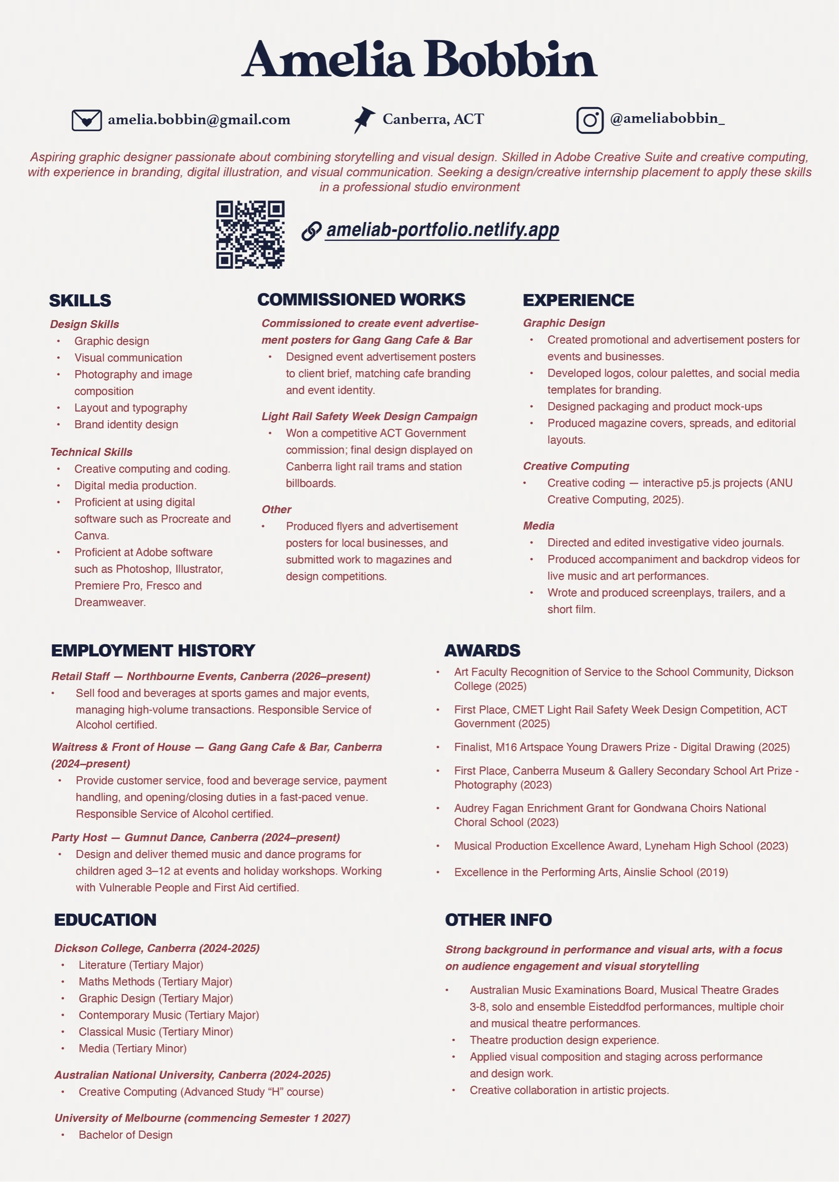 Amelia Bobbin Design CV