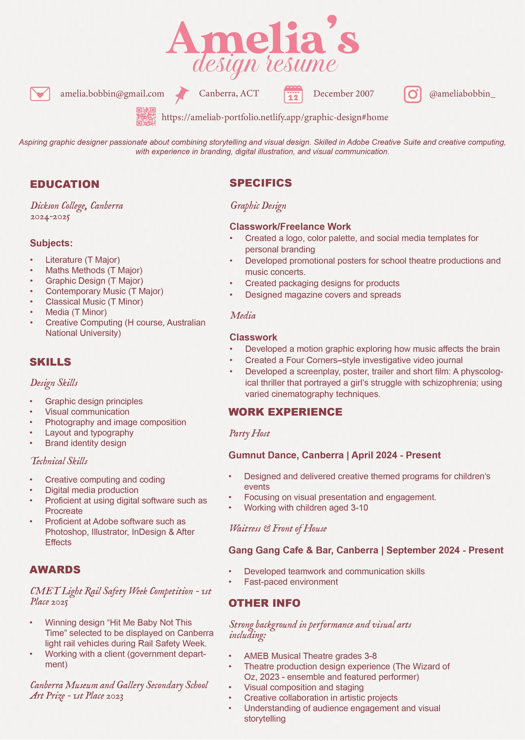 Amelia Bobbin Design CV