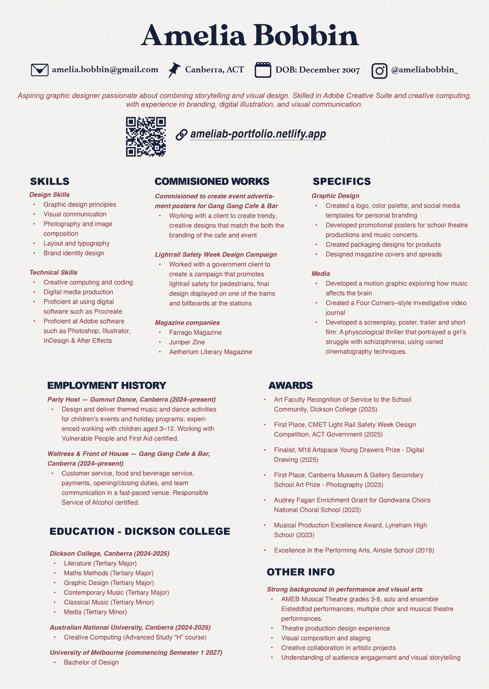 Amelia Bobbin Design CV