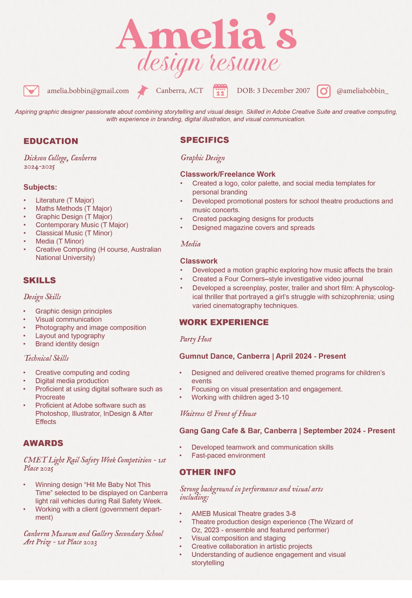 Amelia Bobbin Design CV