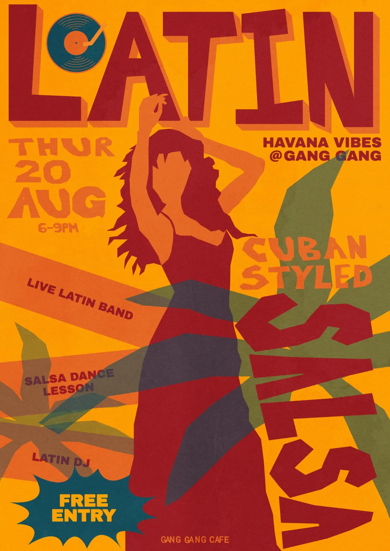 Latin night poster for Gang Gang Cafe