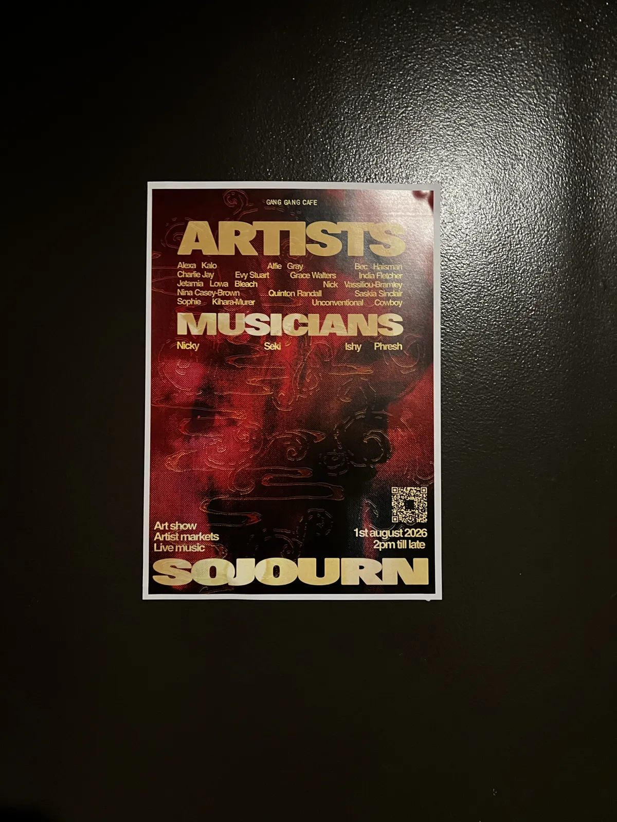 Sojourn artist lineup poster on display at Gang Gang Cafe